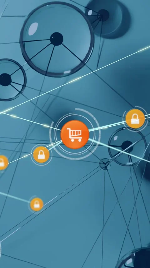 Central orange cart pulsing, sending lit lines, locking nodes, securing retail Stock Footage 331168778