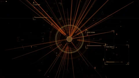 Central orange node revealing, pulsing and sending radial beams while HUD panels Vidéo 335424873