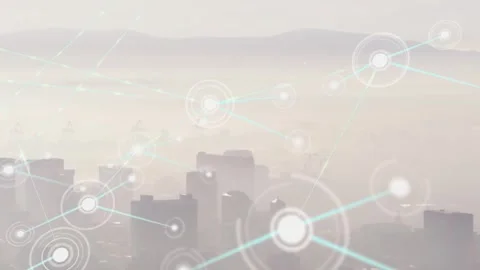 Central orb pulsing, animated network forming glowing nodes and cyan lines over Stock Footage 334039457