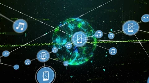 Central orb with smartphone icon sending lines, forming expanding music data Stock Footage 332577637