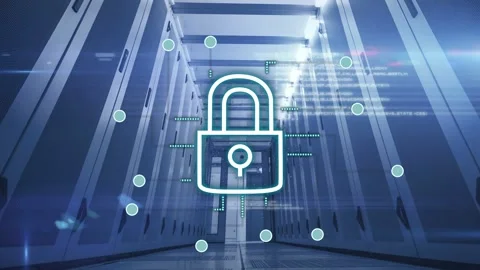 Central padlock icon appearing in data center aisle, forming network nodes and Stock Footage 332900514