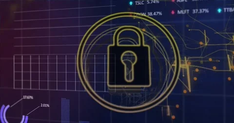 Central padlock icon being revealed by data pulse, concentric rings drawing in, Vídeos de archivo 328684890
