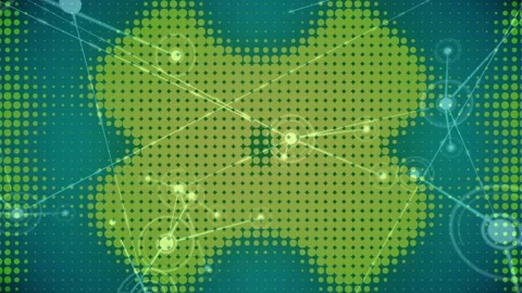 Central pale blue node pulsing triggers yellow dot clusters radiating lines for Stock Footage 320438189