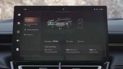 The central panel of a hybrid car in motion. Electric car battery charge indicat Stock Footage 279626976