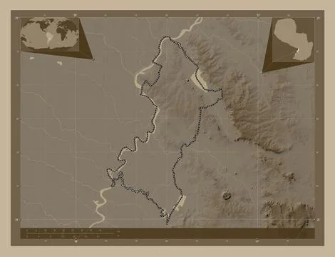 Central, Paraguay. Elevation map colored in sepia tones with lakes and rivers 스톡 일러스트