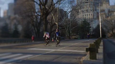 Central Park Cyclists at Sunrise Stock Footage 86220562