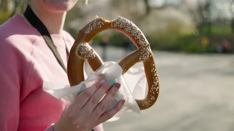 Central park upper east side tourist with pretzel Stock Footage 229350138