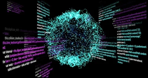 Central particle cloud rotating, pulsing as incoming code lines sliding in, Stock Footage 334463191