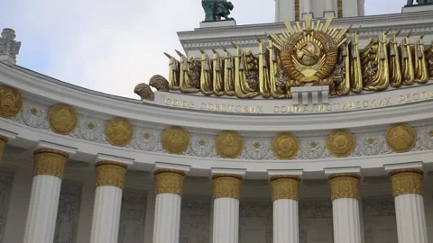 Central Pavilion At Vdnkh Park. Soviet Building With Columns And Soviet Stuc Stock Footage 145615052