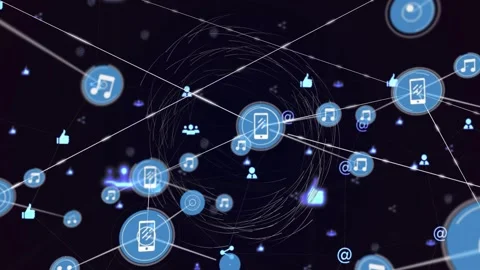 Central phone icon pulsing, spawning icons and linking nodes, mapping social Stock Footage 332566405