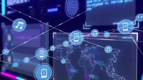Central phone node pulsing, sending radial lines and spawning nodes, showing Stock Footage 332469380