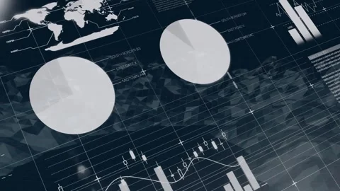 Central pie chart being animated in 3D data render, with bar chart, candlestick Stock Footage 327450710