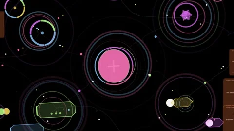 Central pink node pulsing, initiating linking, nodes orbiting, panels stacking, Vidéo 335404272