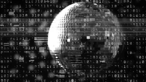 Central pixelated sphere pulsating in animated 3D render, streaming binary Video stock 307651706