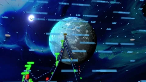 Central planet anchoring, data bars moving, on frame 5 finance chart rising and Stock Footage 333609622