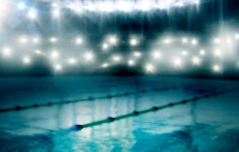 Central pool lane is glimmering under stadium lights with floating dividers in Stock Illustration