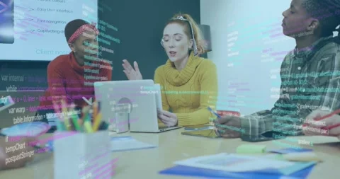 Central presenter tapping laptop, presenting UI for tech team, code overlay Stock Footage 329929409