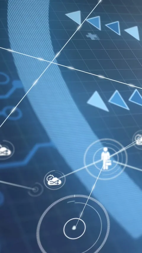 Central pro node forming tech network on blue HUD circuit traces sparking linked Stockbeeldmateriaal 333005901