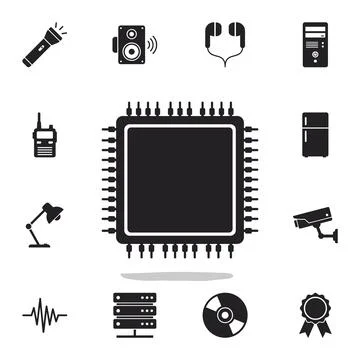 Central processing unit chip icon surrounded by various electronic device s.. Stock Illustration
