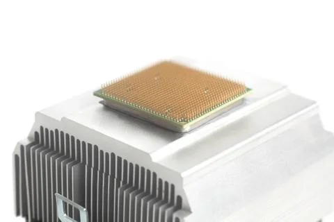 Central processing unit CPU microchip with metal cooler 스톡 사진