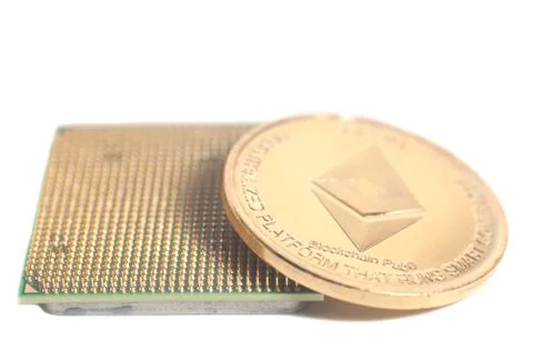 Central processing unit CPU microchip with golden Ethereum Stock Photos