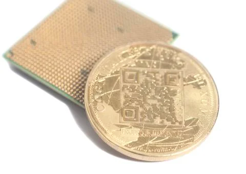 Central processing unit CPU microchip with golden Bitcoin 스톡 사진