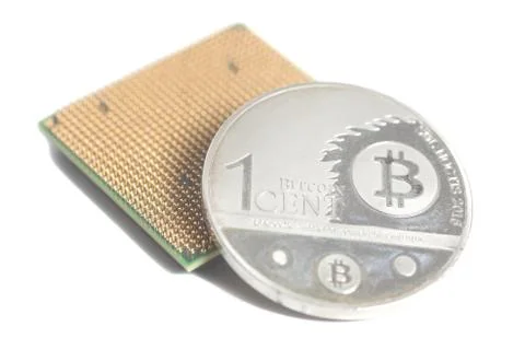 Central processing unit CPU microchip with silver Bitcoin 스톡 사진