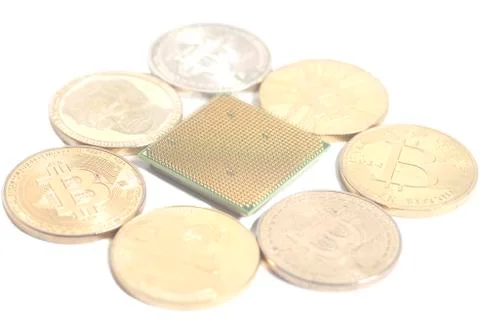 Central processing unit CPU microchip with Bitcoins 스톡 사진
