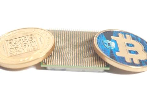 Central processing unit CPU microchip with Bitcoins 스톡 사진