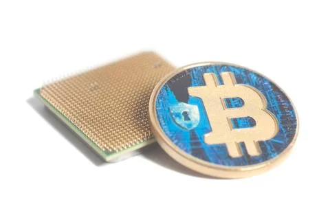 Central processing unit CPU microchip with Bitcoins 스톡 사진
