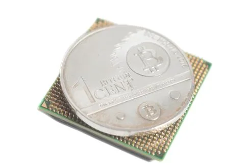Central processing unit CPU microchip with Bitcoins 스톡 사진