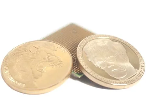 Central processing unit CPU microchip with Bitcoins 스톡 사진