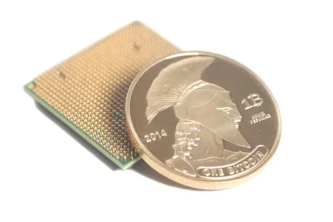 Central processing unit CPU microchip with Golden Bitcoin 스톡 사진
