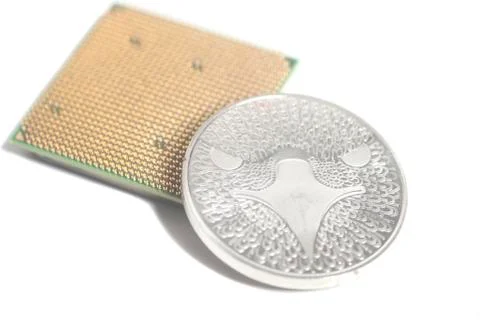 Central processing unit CPU microchip with silver Bitcoin 스톡 사진