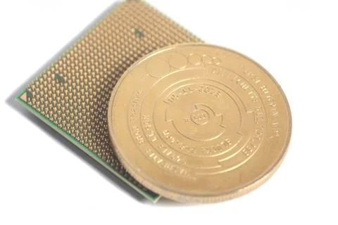Central processing unit CPU microchip with Golden Bitcoin 스톡 사진