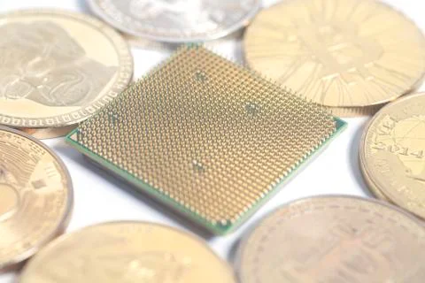 Central processing unit CPU microchip with Bitcoins Stock Photos