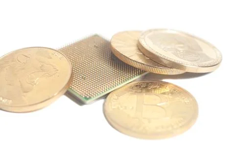 Central processing unit CPU microchip with Golden Bitcoins Stock Photos