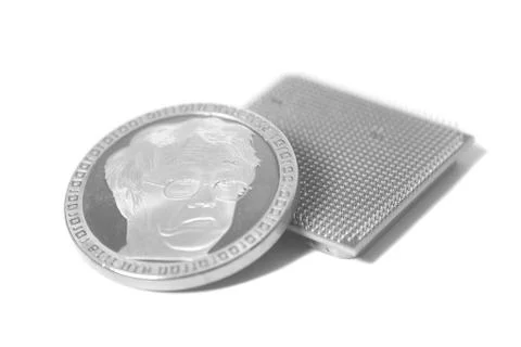Central processing unit CPU microchip with silver Bitcoin 스톡 사진