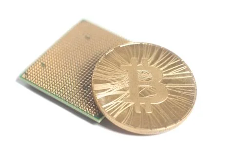 Central processing unit CPU microchip with golden Bitcoin 스톡 사진