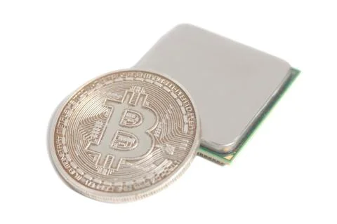 Central processing unit CPU microchip with golden Bitcoin Stock Photos