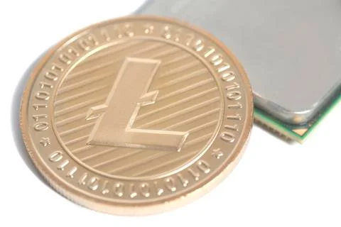 Central processing unit CPU microchip with golden Litecoin 스톡 사진