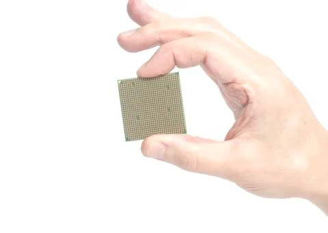 Central processing unit CPU microchip male hand holding 스톡 사진