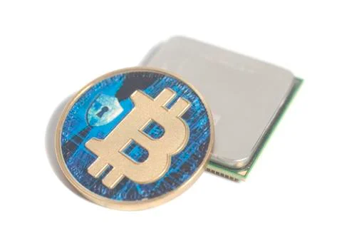 Central processing unit CPU microchip with Bitcoin 스톡 사진