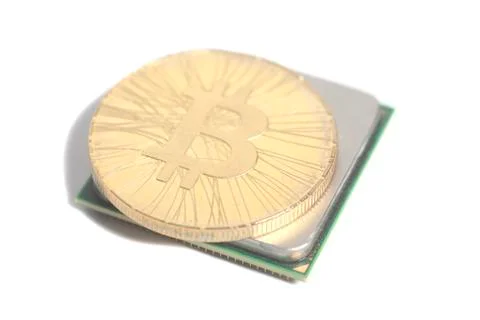 Central processing unit CPU microchip with golden Bitcoin 스톡 사진