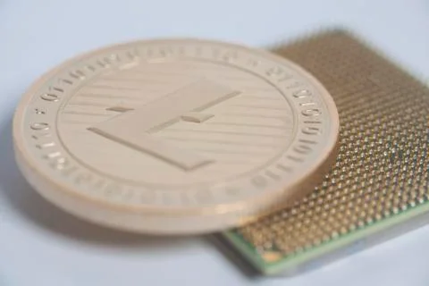 Central processing unit CPU microchip with golden Litecoin 스톡 사진