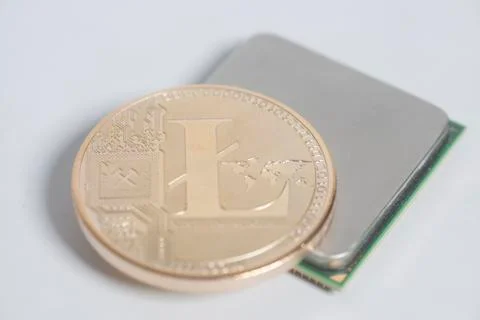 Central processing unit CPU microchip with golden Litecoin 스톡 사진