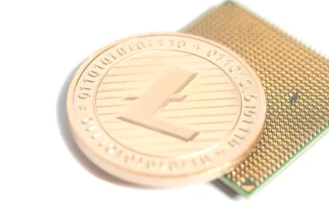 Central processing unit CPU microchip with golden Litecoin 스톡 사진
