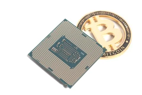 Central processing unit CPU microchip with Bitcoin 스톡 사진