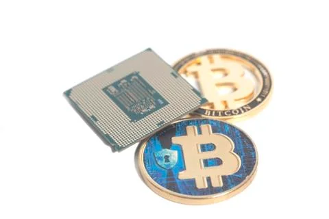 Central processing unit CPU microchip with Bitcoin 스톡 사진