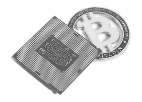 Central processing unit CPU microchip with Bitcoin 스톡 사진